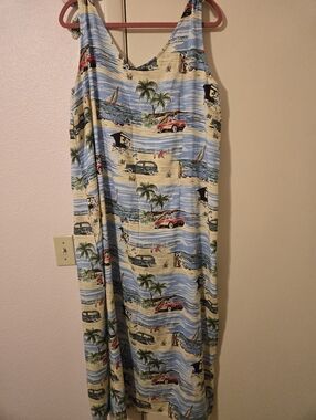 Vintage Disney Mickey And Minnie Mouse Beach Print Maxi Dress in Blue and Beige